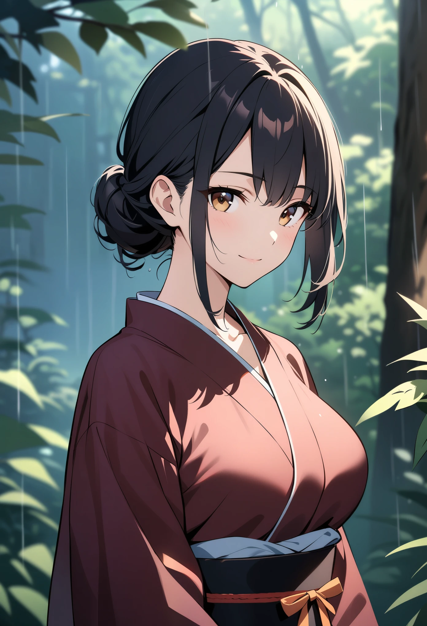 Top animation quality,Top image quality,cinematic shadow,solo,medium view,Upper Body,(A woman,extremely detailed long black hair,beautiful brown eyes,light smile),big breast,only Japanese robe bare neck,waist ribbin,looking at viewer,dark feeling,Forest background,Depth of Field,(rain)