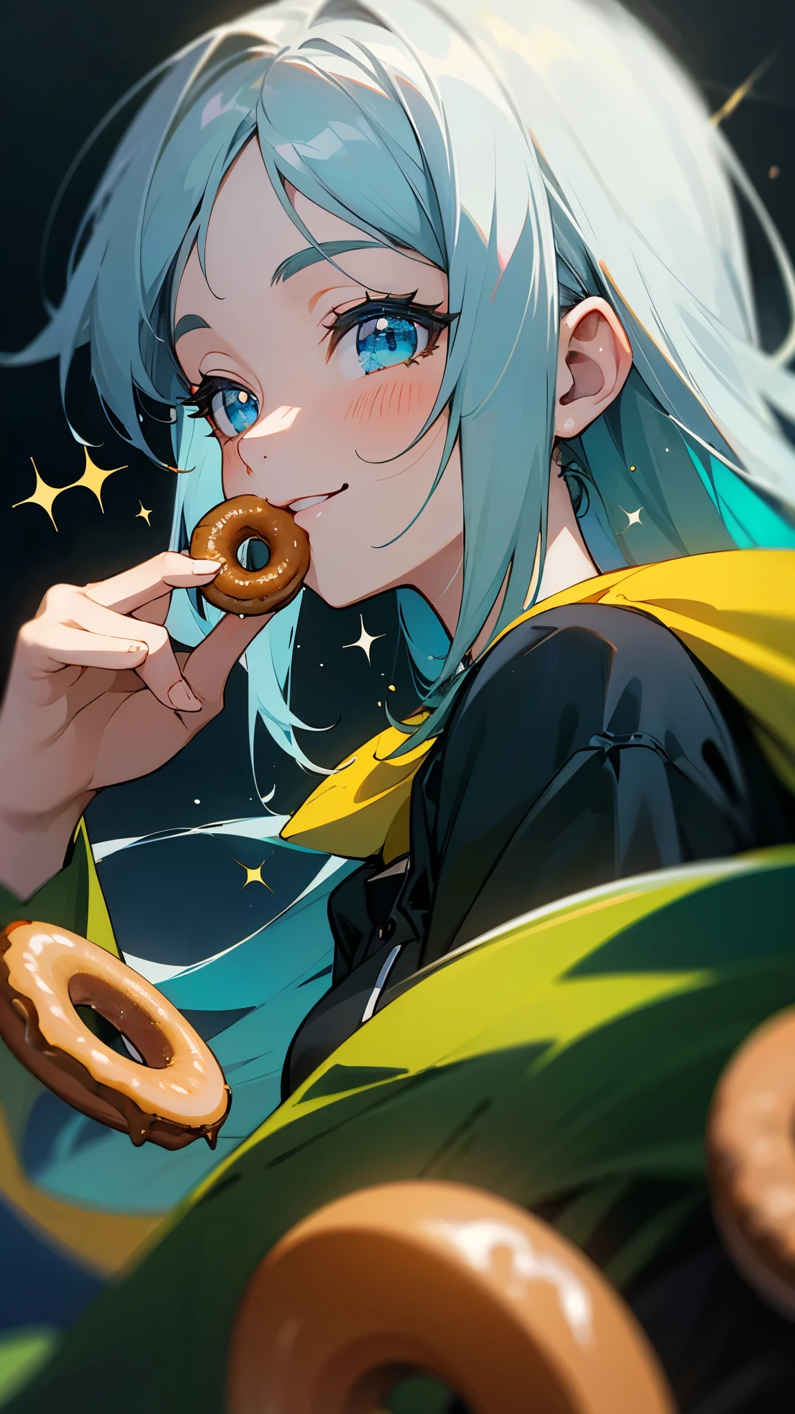 16-year-old girl、Anime-style paintings、Upper body close-up、smile、From the side, impression, (oil), Green and orange tones、Silver Hair, (Sparkling blue eyes)、Eating a donut