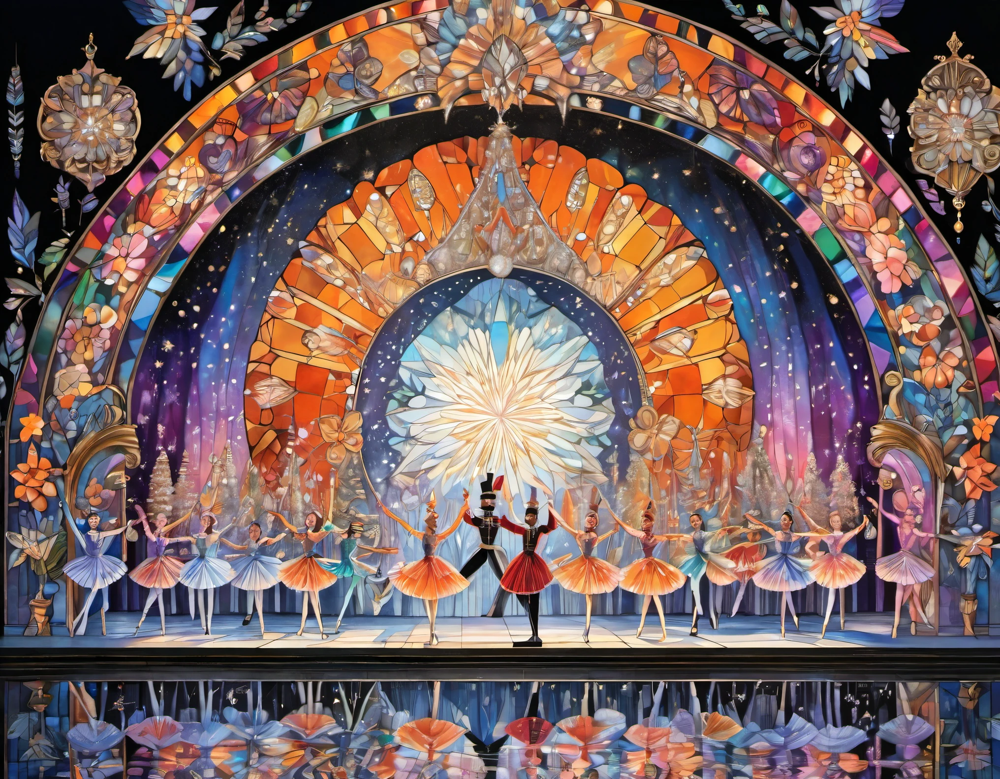 best quality, super fine, 16k, incredibly absurdres, extremely detailed, dramatic drawing of the Nutcracker, the characters are monochrome black shadow puppets, the background is iridescent colorful jewels and stained glass, orange-tinged lighting