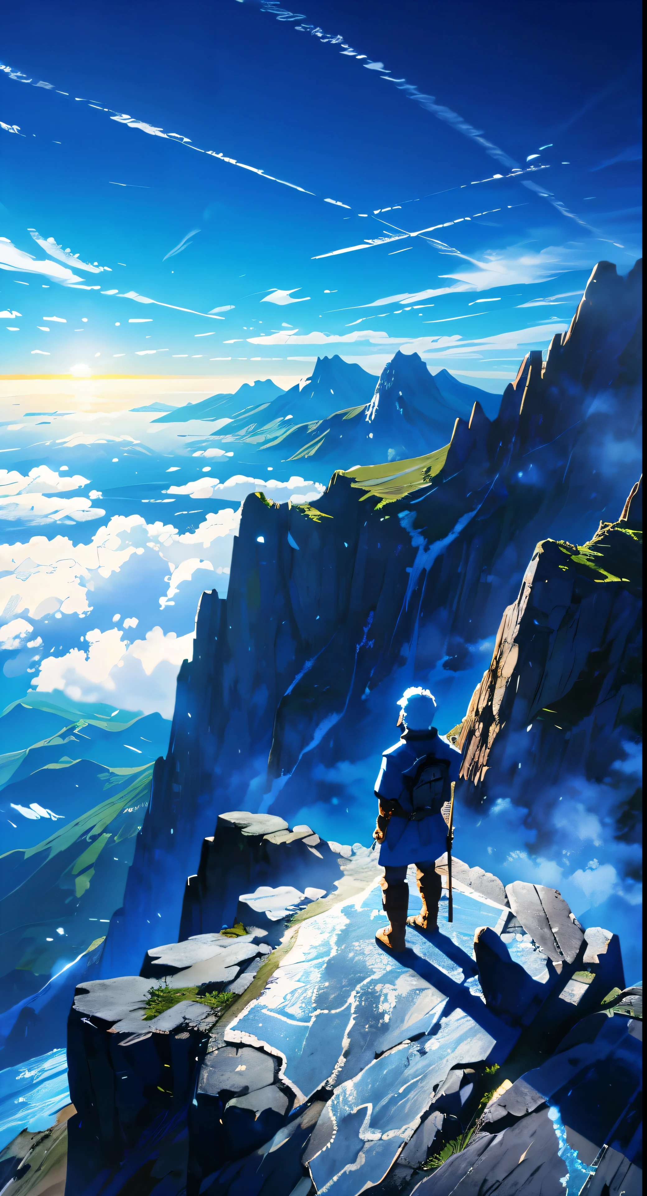 Lone warrior on the mountaintop, View the vast sea of clouds(Bright and clear blue sky)