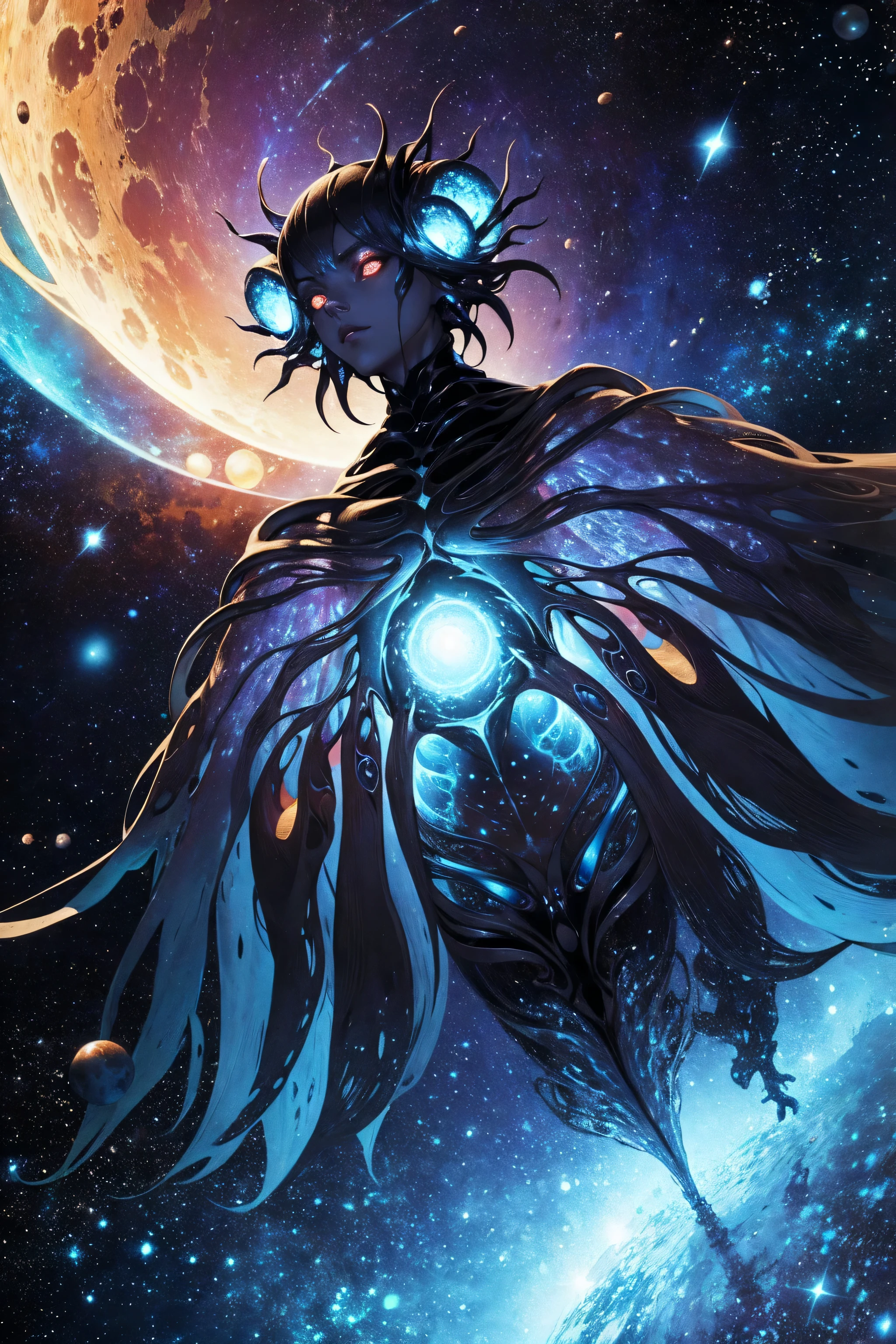"cosmic entity": um ser com quatro olhos brilhantes, multiple arms, A breathtaking view from space reveals a twisted galaxy filled with strange life forms and entities that humans understand. Planet with night sky, fenda, leviathan, 8k, lindo, dramatic scene, buraco negro, void, woman, female