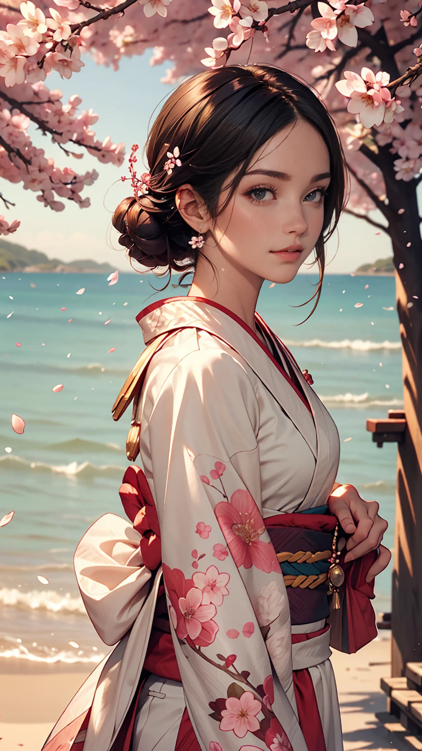 One girl,Black Hair, floating hair, Seaside,景color,landscape,cherry blossoms, Falling petals, Sunbeam,God's Rays,Upper Body, color,dress,kimono