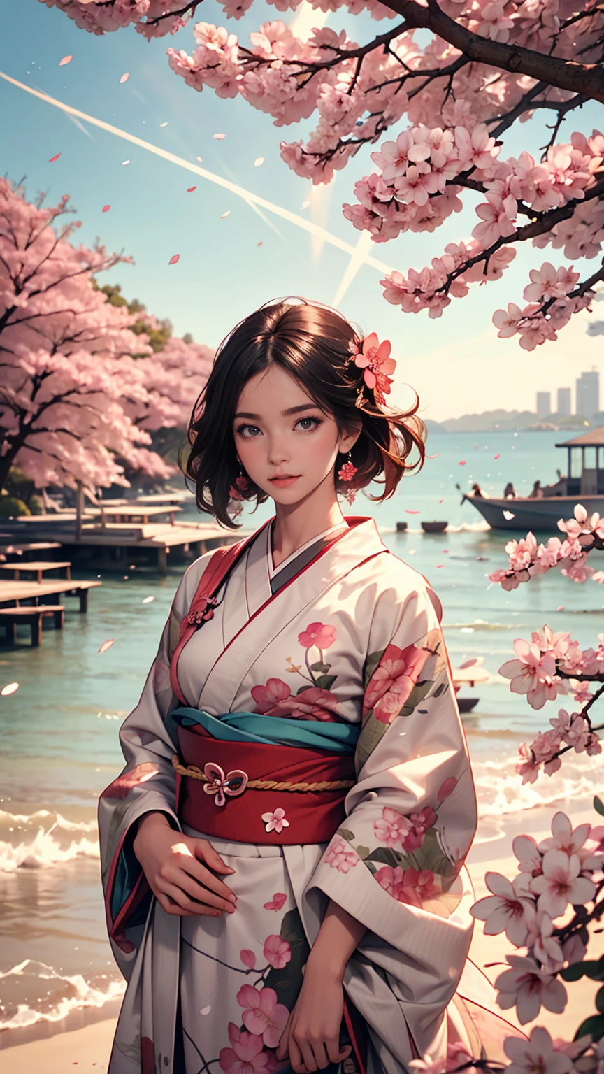 One girl,Black Hair, floating hair, Seaside,景color,landscape,cherry blossoms, Falling petals, Sunbeam,God&#39;s Rays,Upper Body,  color,dress,kimono