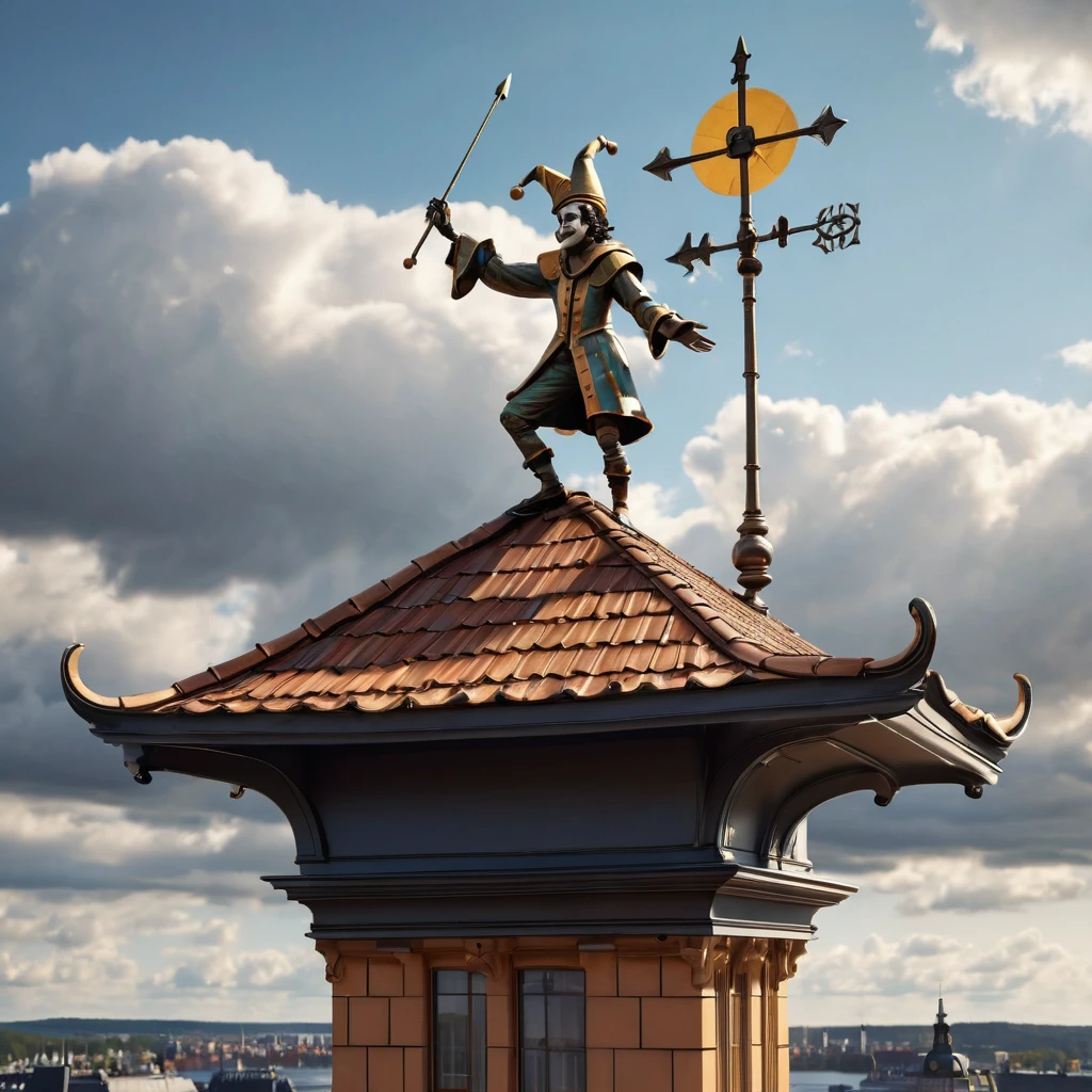 A metal weather vane in the form of a jester, on the roof of Stockholm. 35 avards photos winner. Clouds of bizarre shapes. The rays of the sun from the clouds.. High Resolution, High Quality, Masterpiece, ultra hd, realistic, vivid colors, highly detailed, UHD drawing, pen and ink, perfect composition, beautiful detailed intricate insanely detailed octane render trending on artstation, 8k artistic photography, photorealistic concept art, soft natural volumetric cinematic perfect light,digital rendering. sharp focus, studio photo, intricate details, highly detailed