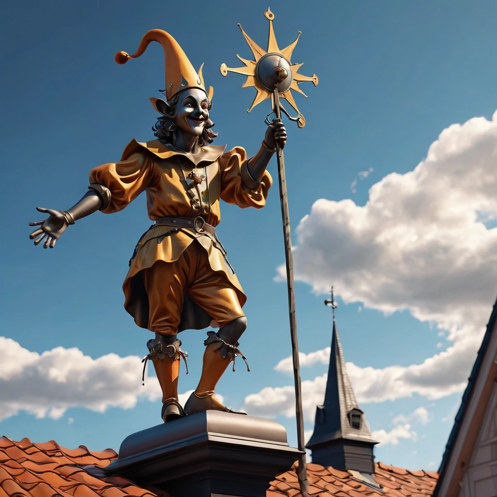 A metal weather vane in the form of a jester, on the roof of Stockholm. 35 avards photos winner. Clouds of bizarre shapes. The rays of the sun from the clouds.. High Resolution, High Quality, Masterpiece, ultra hd, realistic, vivid colors, highly detailed, UHD drawing, pen and ink, perfect composition, beautiful detailed intricate insanely detailed octane render trending on artstation, 8k artistic photography, photorealistic concept art, soft natural volumetric cinematic perfect light,digital rendering. sharp focus, studio photo, intricate details, highly detailed