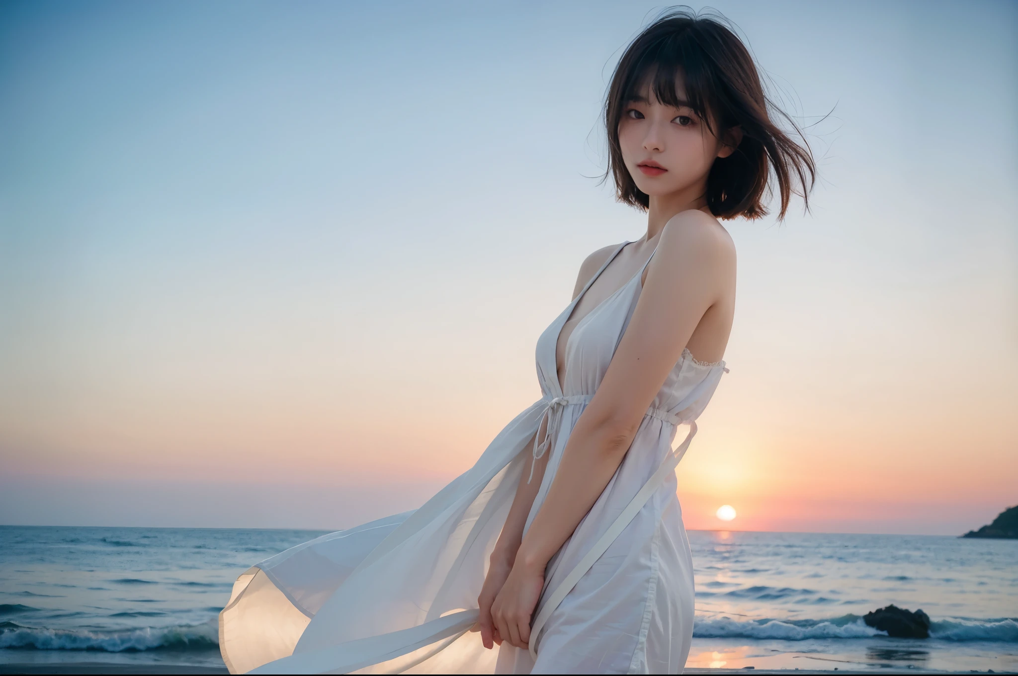 Japan, minimum, harmony, tranquility, Fantasy, summer, Magic Hour, A beautiful sunset on the coast, calm sea surface, soft cinematic light, Girl looking at the sea, slender, floating Medium Hair, diffused natural skin glow, bangs, summer dresses, masterpiece, highest quality, RAW Photos, sigma 50mm f1.4, candytt