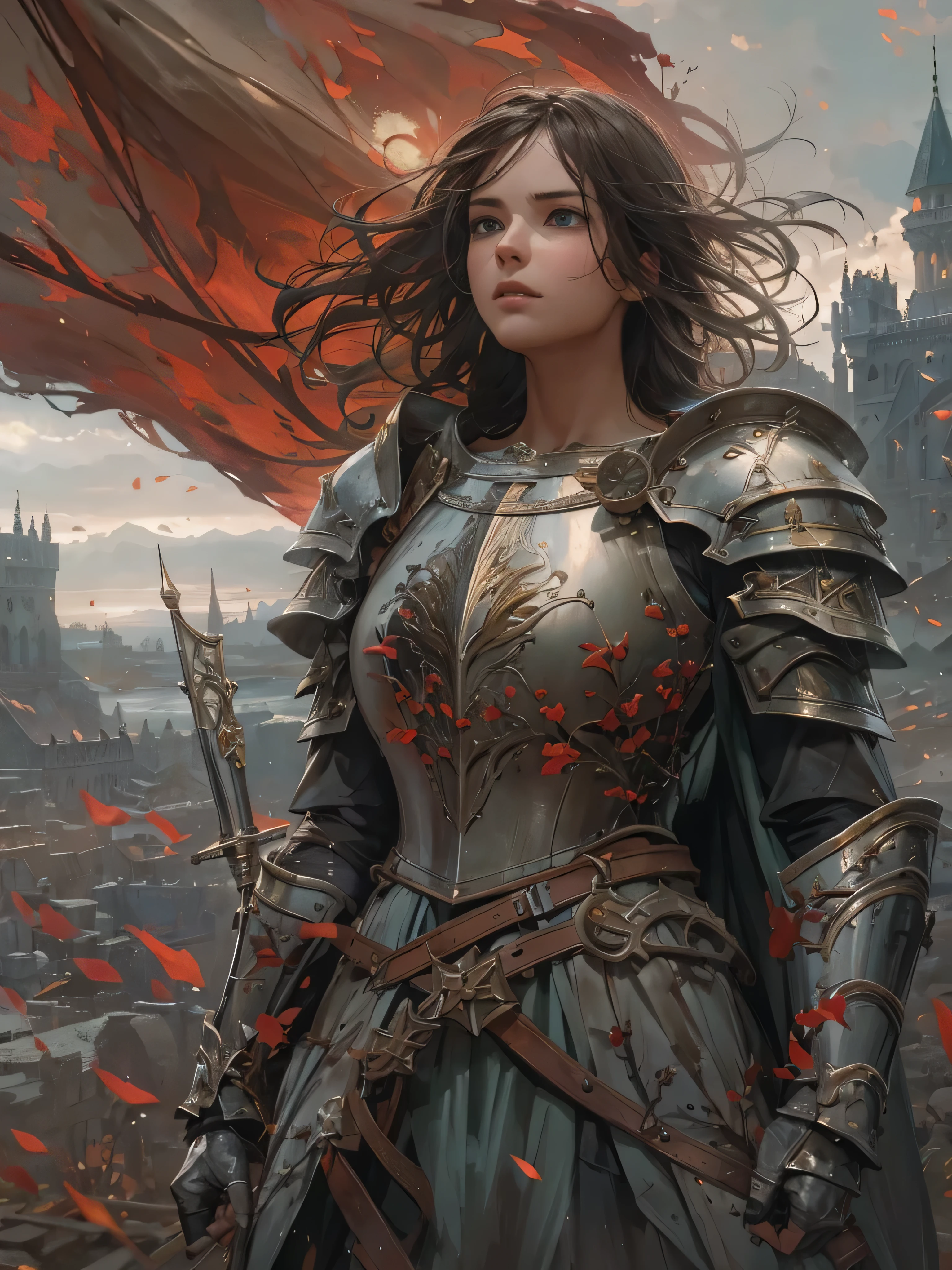 (by Greg Rutkowski: 1.2), (masterpiece), ((best quality)), extremely delicate and beautiful, illustration, (fantasy landscape), A mesmerizing fantasy with enchanting elements blending seamlessly. ((1 Girl, knight, heavy armor, Middle Ages, standing in the ancient battlefield, flying flag, dawn of victory)), HD. elegance. photorealism. Unreal engine. From Brian Froud and Carne Griffiths and Wadim Kashin and John William Waterhouse, 8K post-production, high resolution, hyperdetailed, depth of field, HDR, intricate