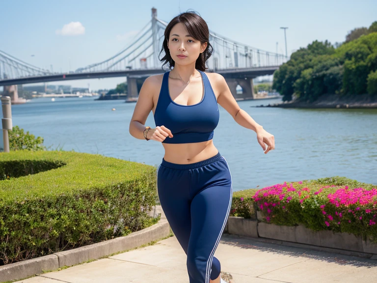 40s, A beautiful Japanese woman, realistic, Photo realistic, Super detailed, Sexy middle aged woman, 最high quality, 8k, Sharp focus, high quality, High resolution, Rounded body, Kind eyes, Hot lips, Married women, Larger breasts, jogging, from below, wearing sports bra & short pants, (full body shot:1.3), Beautiful Skin, With the riverside in the background