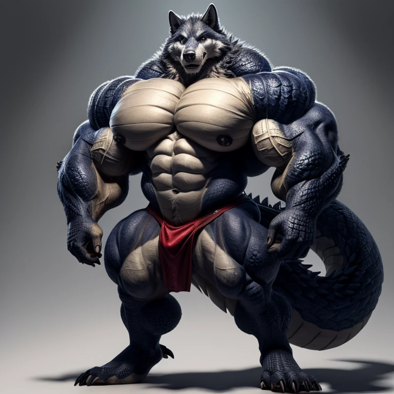solo, male, wolf , scales, detailed face, detailed eyes, hyper muscles, hyper pecs, thick thighs, standing, plain background,
