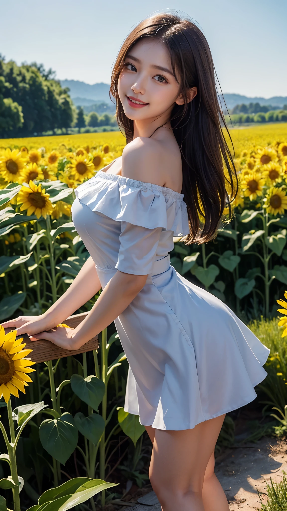 1girl, adult woman, (Naked: 1.4), (Blushing:1.4), (Loose string RED dress with no pleats, lift skirt, skirtlift, floral print, cleavage, naked), blushed, Smile, Cowboy Shot, Slim body, Small breast, small boobs, wet, drippimg wet, wet bichano, Full Body, glowing skin, detailed face, detailed eyes, (Detailed background: sunflowers farm, summer time)