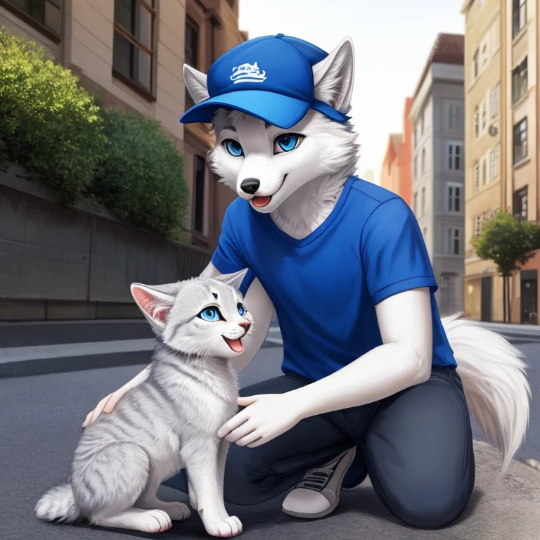 masterpiece, solo, furry gray wolf, , gray fur, white facial fur, blue eyes, blue tight shirt, blue cap, playing with a kitten on the street, happy, having fun