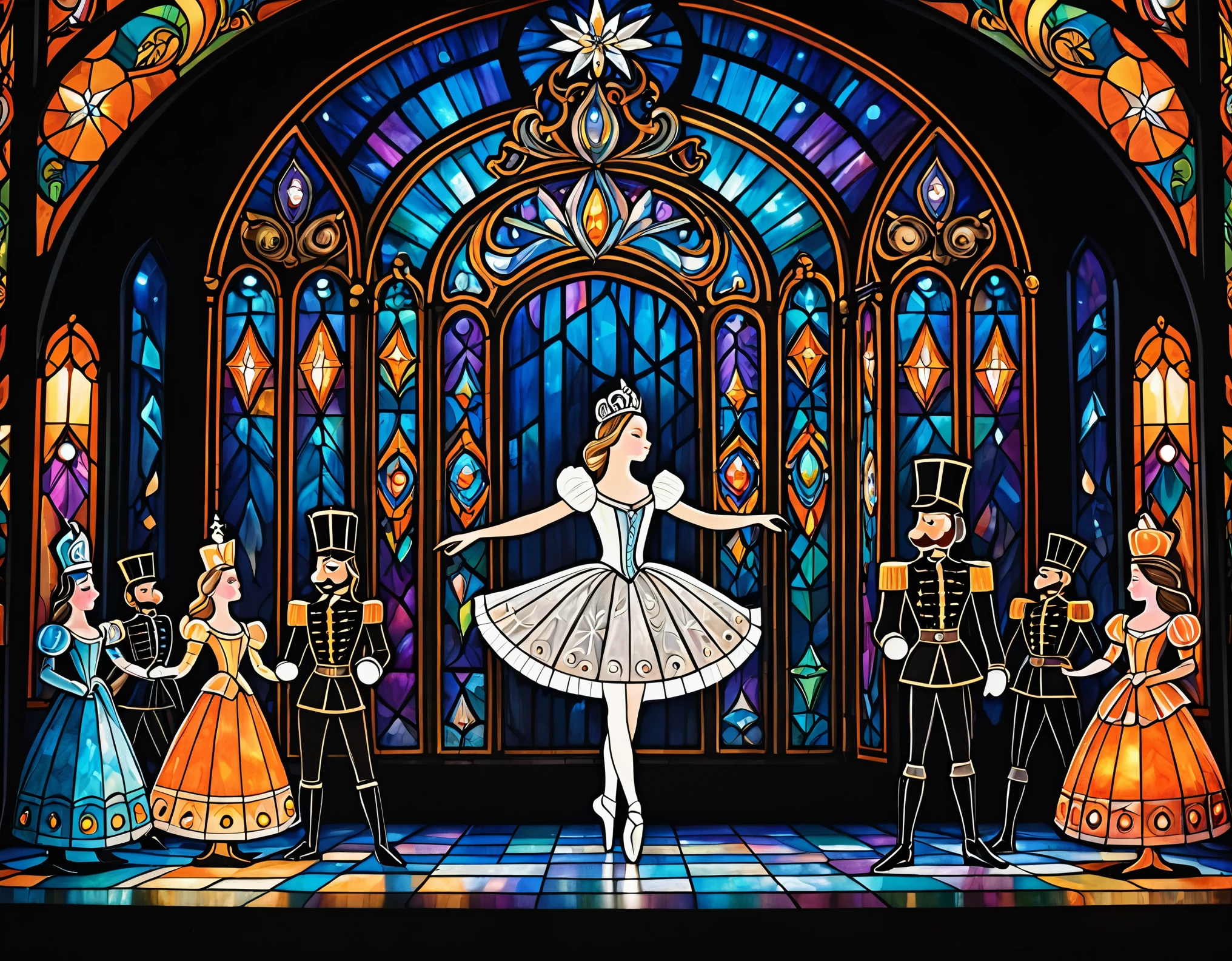 best quality, super fine, 16k, incredibly absurdres, extremely detailed, dramatic drawing of the Nutcracker, the characters are monochrome black shadow puppets, the background is iridescent colorful jewels and stained glass, orange-tinged lighting
