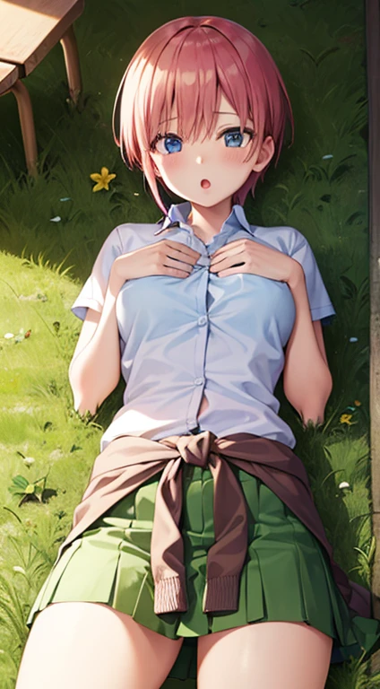 2d, masterpiece, best quality, anime, highly detailed, 1girl, solo, cowboy shot, nakano ichika, pink hair, short hair, cardigan around waist, lying down on grass, :o, hands on chest, collared shirt, green skirt, miniskirt, medium breasts, school, outdoors, medium claverage:1,3, legs up:1.4,