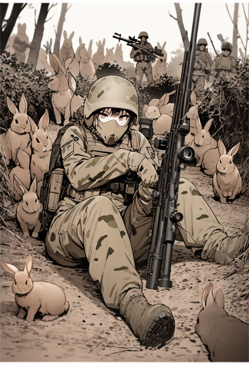 High quality, high definition, high precision images,8k Full HD.1 girl.America,army Modern soldier,Hide in the bushes and assume a sniper position,sniper rifle,Put on a helmet,(camouflage) (Lying on the ground).(Full face camouflage makeup),Covering the body in a giri suit.Brown rabbit, covered in mud、Distant Viewpoint, a large group of rabbits