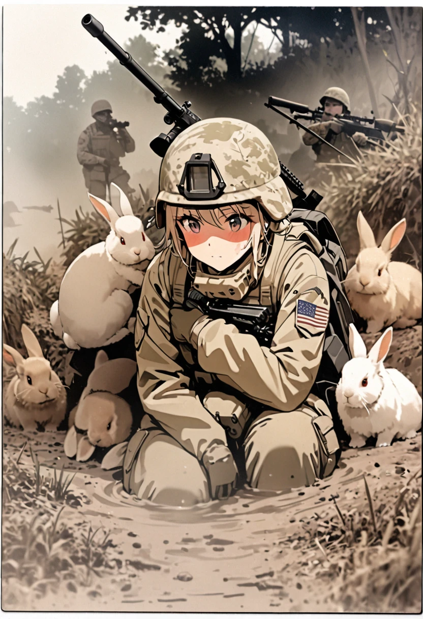 High quality, high definition, high precision images,8k Full HD.1 girl.America,army Modern soldier,Hide in the bushes and assume a sniper position,sniper rifle,Put on a helmet,(camouflage) (Lying on the ground).(Full face camouflage makeup),Covering the body in a giri suit.Brown rabbit, covered in mud、Distant Viewpoint, a large group of rabbits