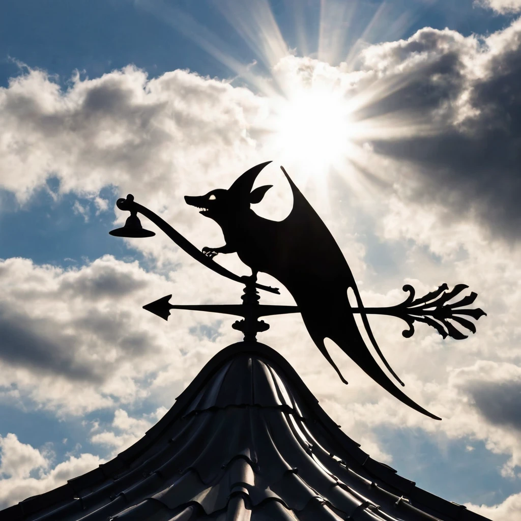 A metal weather vane of a bat silhouette and a hat, on the roof of Stockholm. 35 avards photos won. Clouds of bizarre shapes. The rays of the sun from the clouds. High Resolution, High Quality, Masterpiece