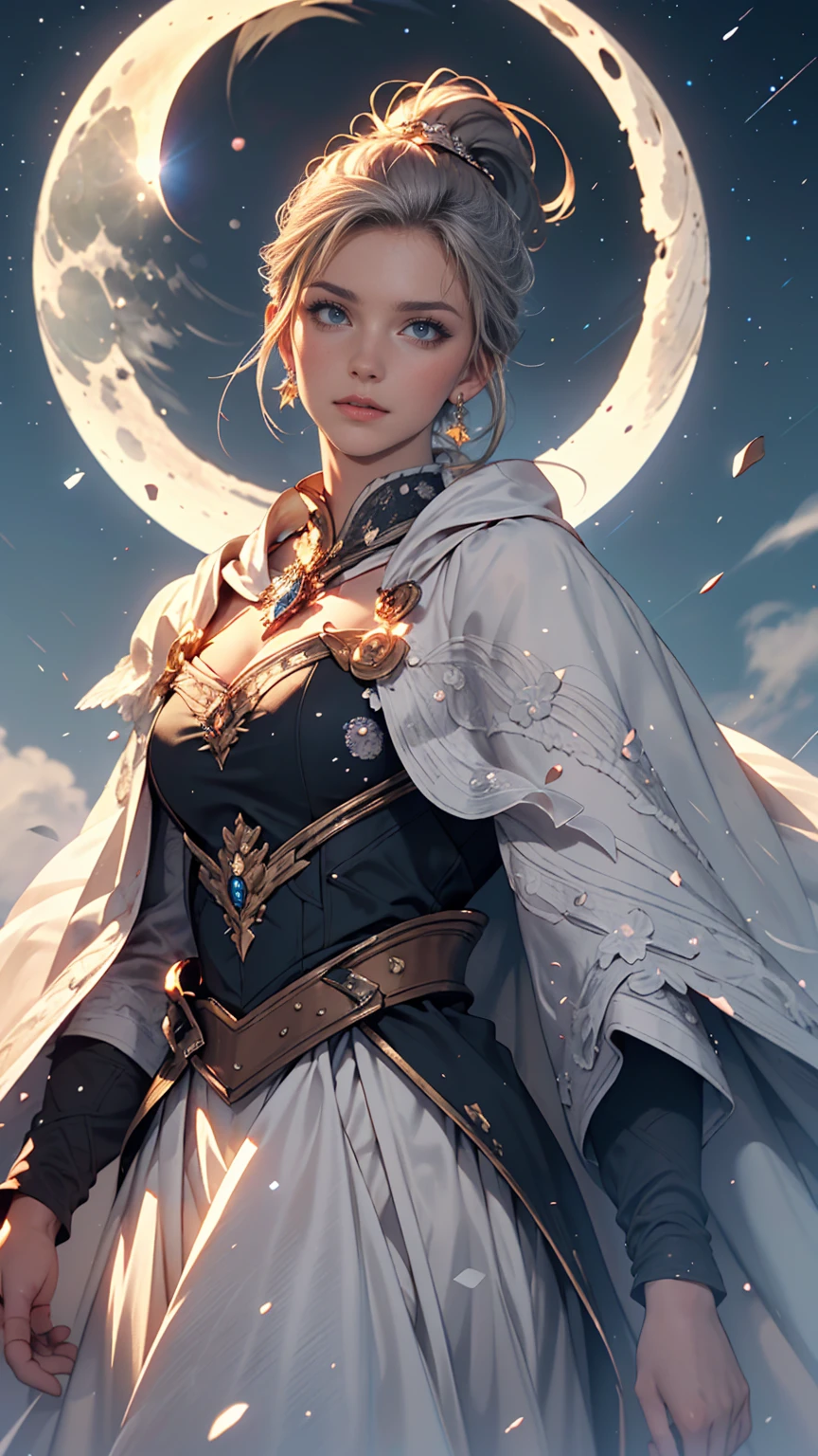 masterpiece, (highest quality: 1.2), (Super quality: 1.2), figure, (Very delicate and beautiful: 1.2), Film Angle, floating, (Beautiful detailing: 1.1), (Detail Light: 1.1), Film Light, delicate sky, woman, Gray Hair, blue eyes, (High Ponytail: 1.1), Cape, Shining Eyes, (moon: 1.2), (moonlight: 1.1), Starry Sky, (Particles of light: 1.1), fog , Snow Painting, sketch, flowering