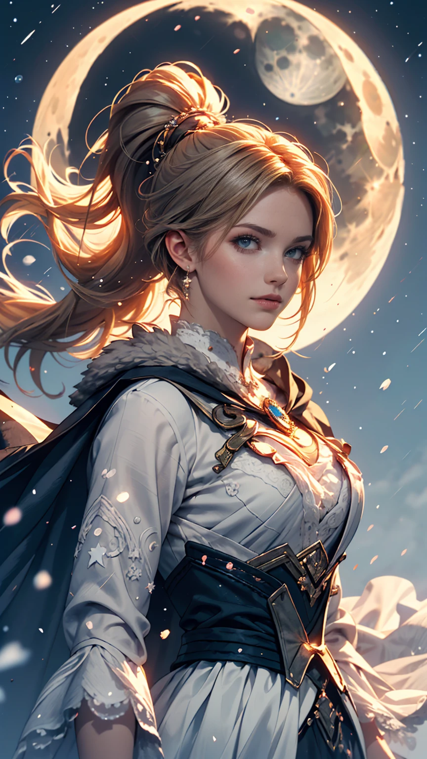 masterpiece, (highest quality: 1.2), (Super quality: 1.2), figure, (Very delicate and beautiful: 1.2), Film Angle, floating, (Beautiful detailing: 1.1), (Detail Light: 1.1), Film Light, delicate sky, woman, Gray Hair, blue eyes, (High Ponytail: 1.1), Cape, Shining Eyes, (moon: 1.2), (moonlight: 1.1), Starry Sky, (Particles of light: 1.1), fog , Snow Painting, sketch, flowering