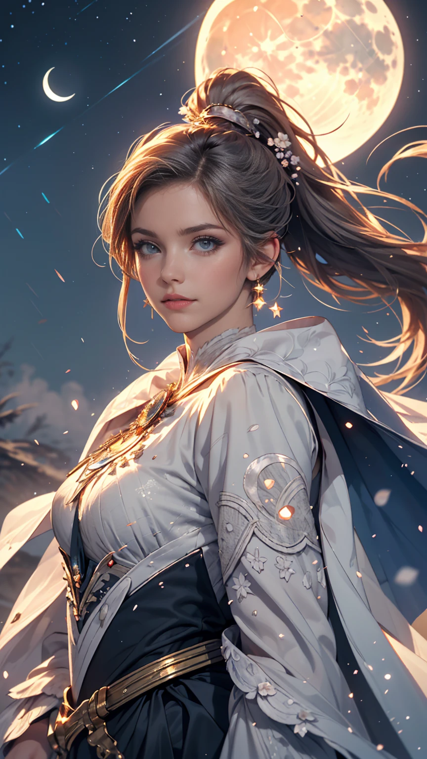 masterpiece, (highest quality: 1.2), (Super quality: 1.2), figure, (Very delicate and beautiful: 1.2), Film Angle, floating, (Beautiful detailing: 1.1), (Detail Light: 1.1), Film Light, delicate sky, woman, Gray Hair, blue eyes, (High Ponytail: 1.1), Cape, Shining Eyes, (moon: 1.2), (moonlight: 1.1), Starry Sky, (Particles of light: 1.1), fog , Snow Painting, sketch, flowering