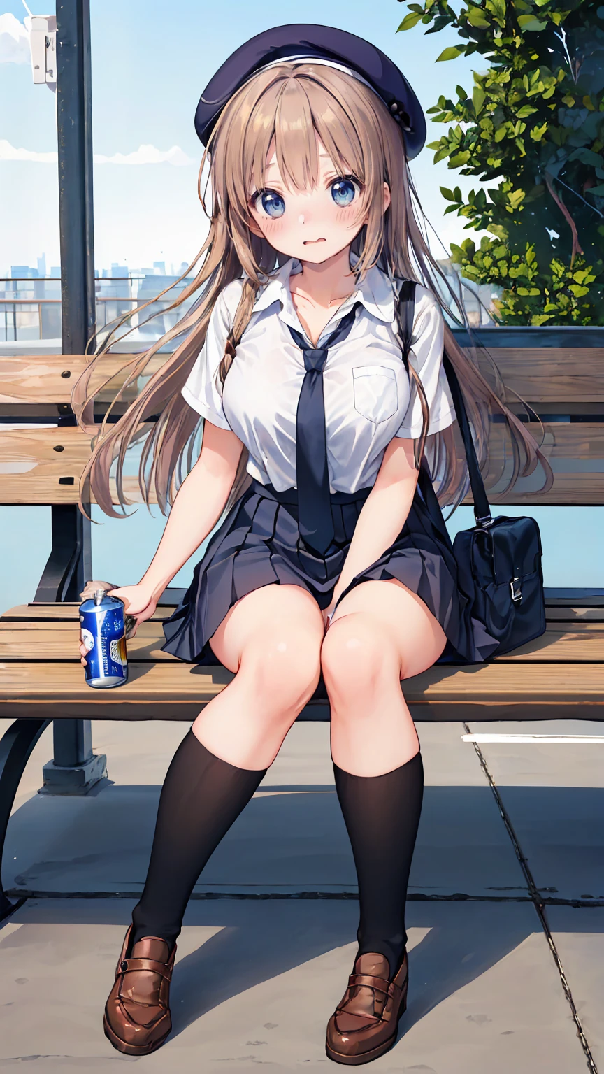 (masterpiece, best_quality), extremely_detailed_CG, Woman posing for a photo, A shy smile, Happy, Long Hair, Straight hair, Fine skin, Beautiful Hands, Beautiful fingers, Wearing a beret, tie, Short sleeve blouse, Pleated skirt, Thighs, Absolute area, Knee socks, Daytime, Hot summer day, School, Schoolyard, Sitting on a bench, Canned juiceを持っている, Natural light, Detailed face:1.2, Sharp focus, Hasselblad Photos, masterpiece, light makeup, Cinematic lighting, 4k, highest quality, sharpness, Anime Style, whole body, Canned juice, 