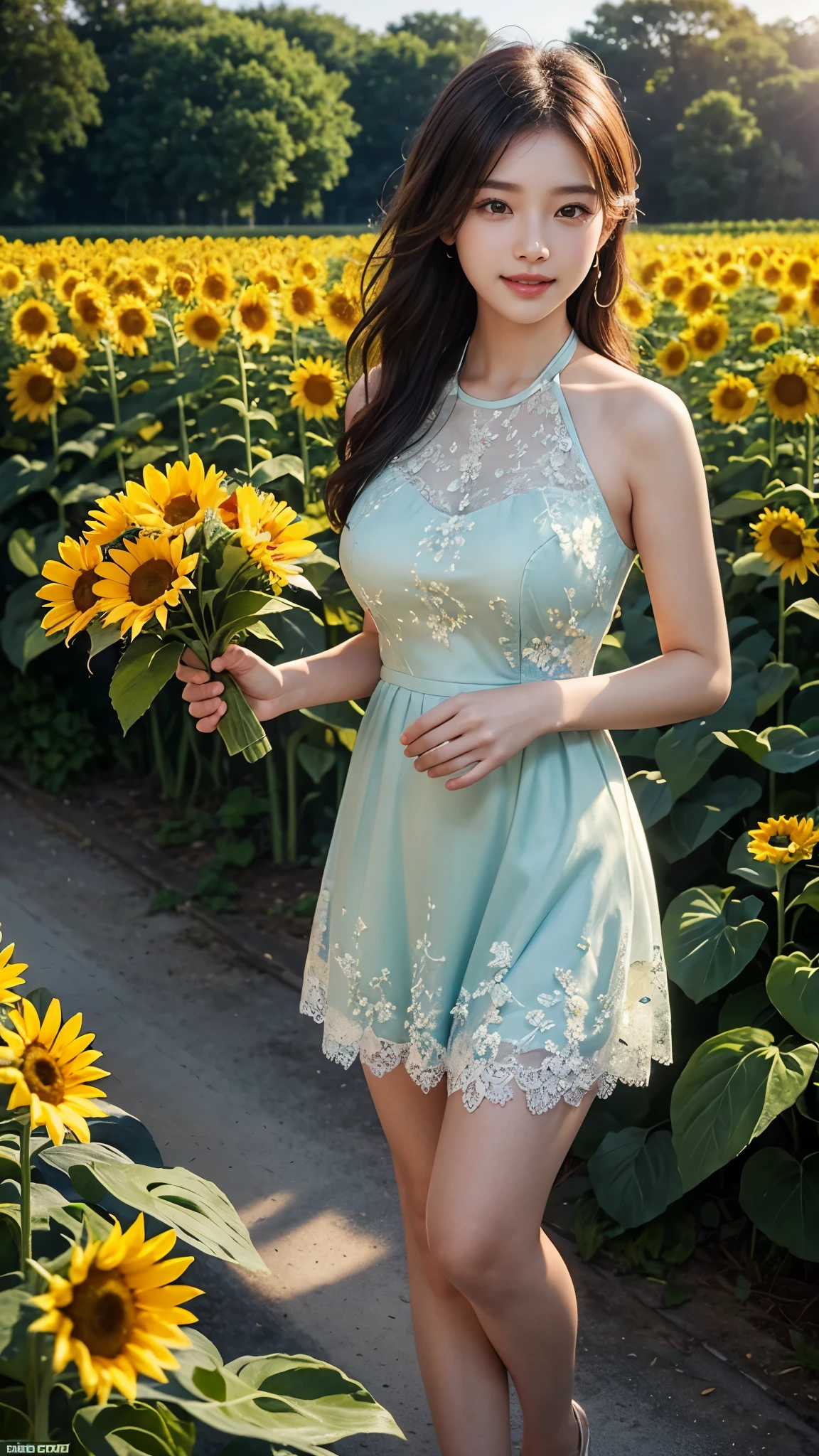 20 years beautiful Girl, korean Girl, 64K, (masterpiece: 1.4), ((Mint A-line Halter Lace Flowers Short Homecoming Dress)), nature background, beautiful smile, (smile: 1.2), detailed background, detailed dress, ultra HD image quality, ((standing in middle of sun flower plants fields)), Running water pump, Many sun flower plants, many flowers, every where sun flower plants, sunflowers bunch in hand, CG unity 8k wallpaper, perfect figure, Young Girl, Beautiful Nature, High resolution Dress Quality, high resolution Face, Hd, Ultra HD, ((Realistic:1.2)), Ultra Realistic, Young Round breasts, Tempting Figure, Very Soft skin, Very Cute face, worlds most beautiful girl, Detailed Dress, Detailed face, Detailed body, Detailed hair, Detailed Background, Award-winning Photography, ((Ray Tracing: 1.2)), Morning weather, foggy weather, cool morning,