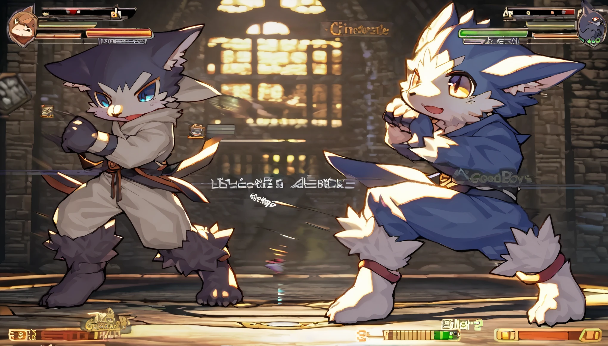 highres, absurdres(highly detailed beautiful face and eyes)perfect anatomy(kemono, furry anthro)(super handsome 2boys, pair)good lighting, cinematic shadow, detailed background, User Interface of Fighting game, dungeon, Crisis, assorted poses, assorted expression, full body, sound effects, motion blur, from side,