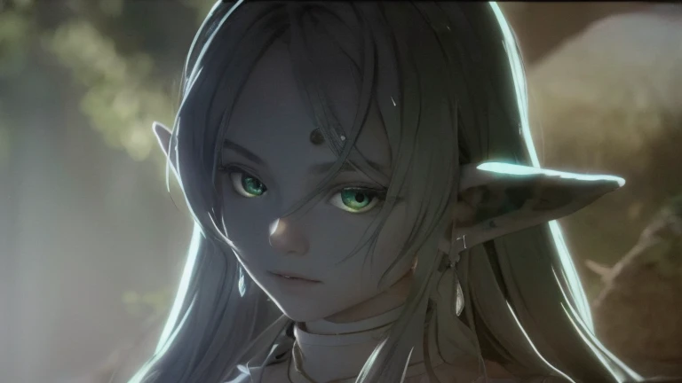  long hair and green eyes staring at something, Elf, With big, bright, sad eyes, The truth of the matter,  Soft lighting, black, central close-up shot, girls, Her expression is solemn, Character Art Close-Up, close up of a young girl, (photorealistic), greenい目, Fox-eyed girl, Glaring Face, raise an eyebrow, Cool girl, Monochrome, black, green, back ground in black, faded color, From the side, Elf