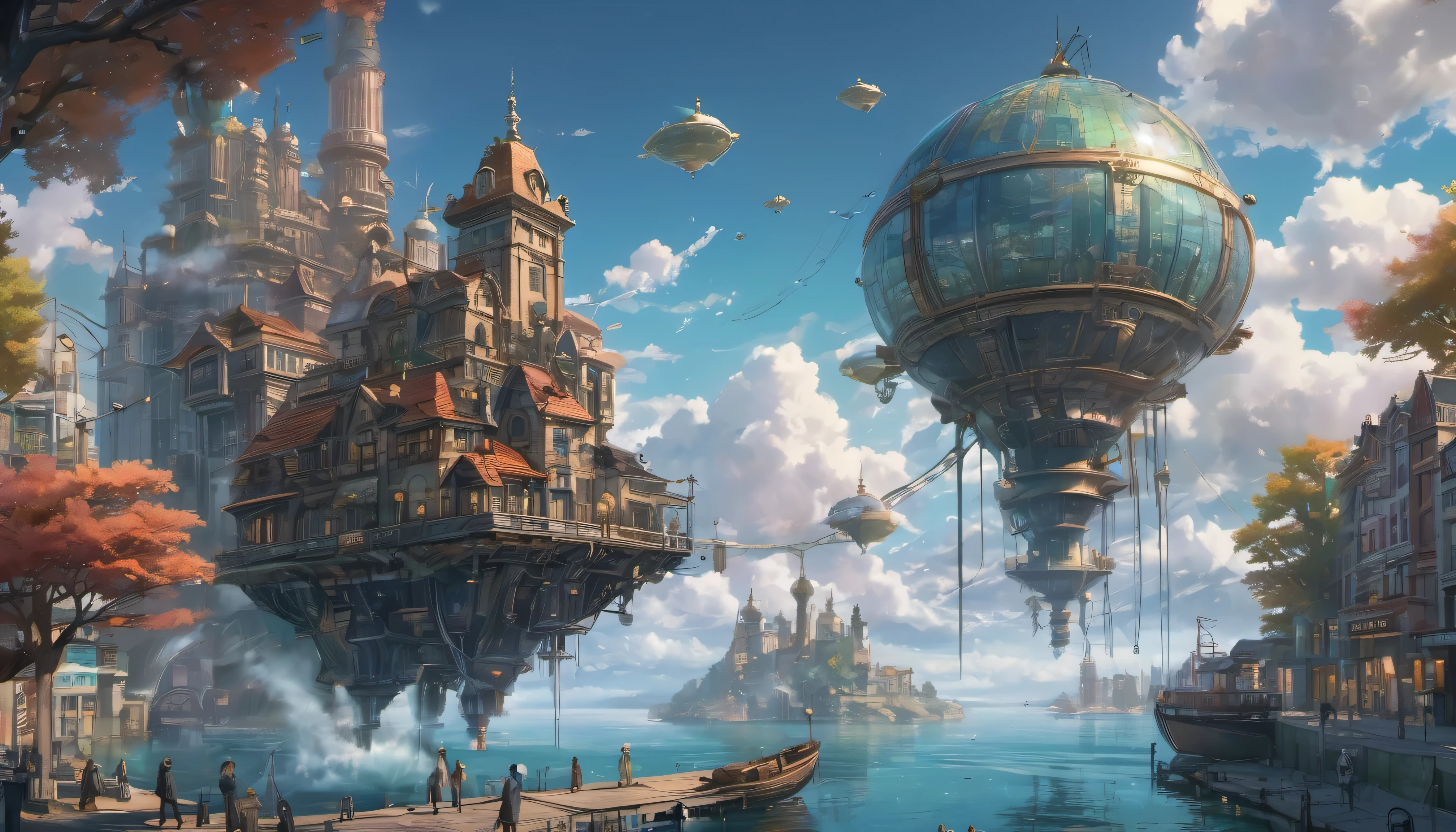 (masterpiece), ((best quality)), extremely delicate and beautiful, illustration, (fantasy landscape), Super details, high detail, 8K, Miyazaki style, A steampunk-style city floating in the sky, Clouds and diverse architecture, Exuding mystery and technology--v 6