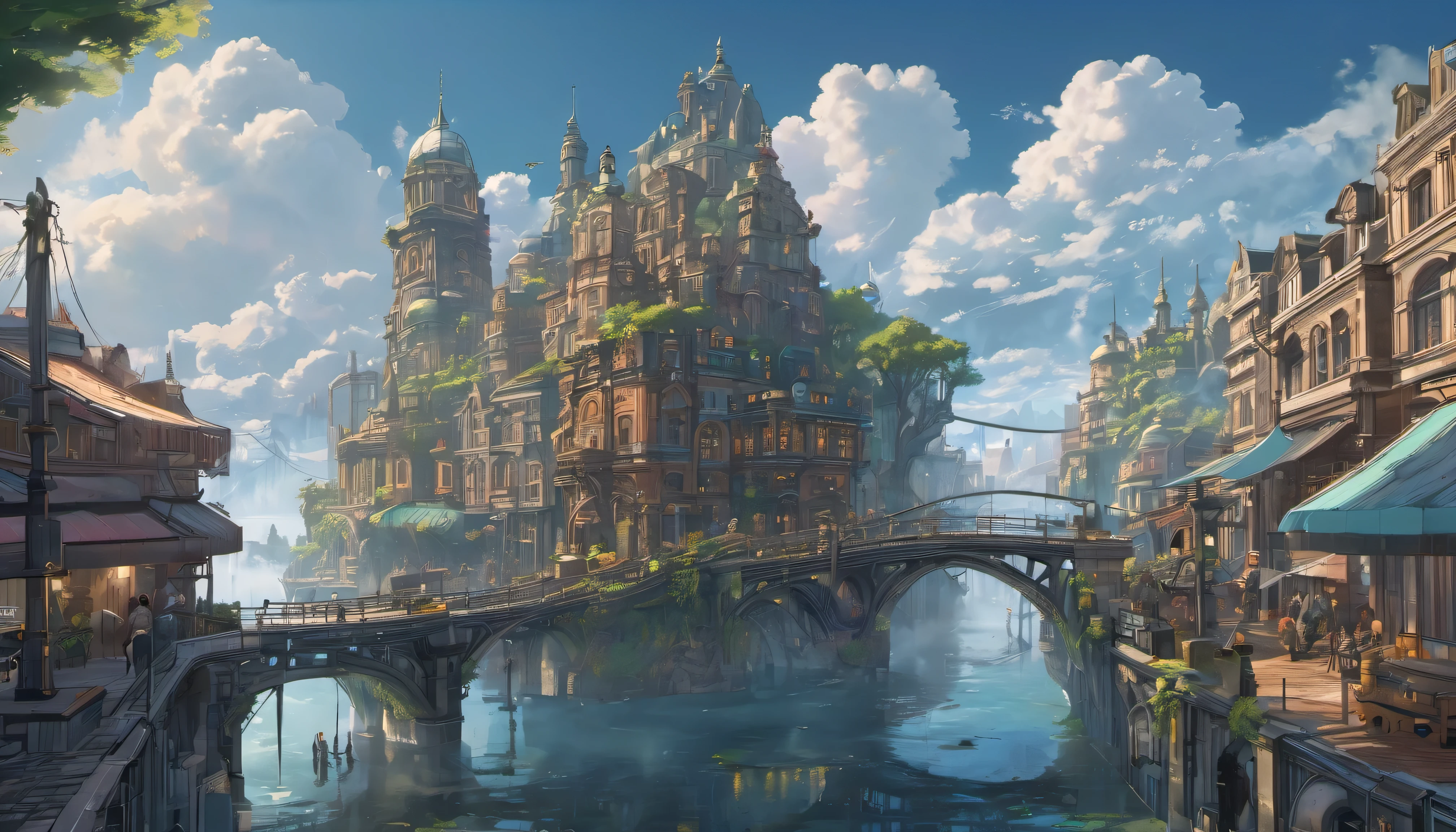 (masterpiece), ((best quality)), extremely delicate and beautiful, illustration, (fantasy landscape), Super details, high detail, 8K, Miyazaki style, A steampunk-style city floating in the sky, Clouds and diverse architecture, Exuding mystery and technology--v 6