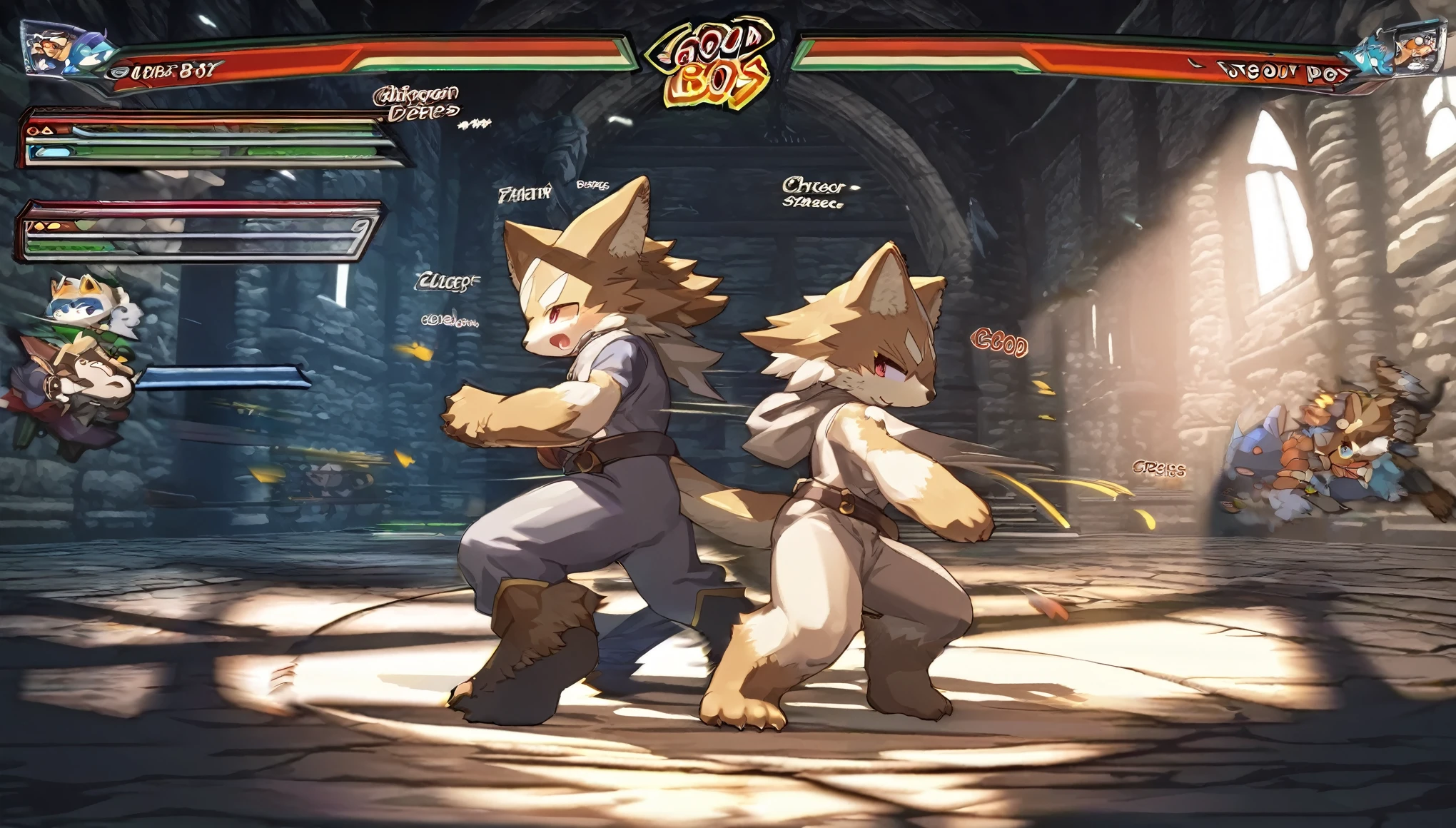 highres, absurdres(highly detailed beautiful face and eyes)perfect anatomy(kemono, furry anthro)(super handsome 2boys, pair)good lighting, cinematic shadow, detailed background, User Interface of Fighting game, dungeon, Crisis, assorted poses, assorted expression, full body, sound effects, motion blur, from side,