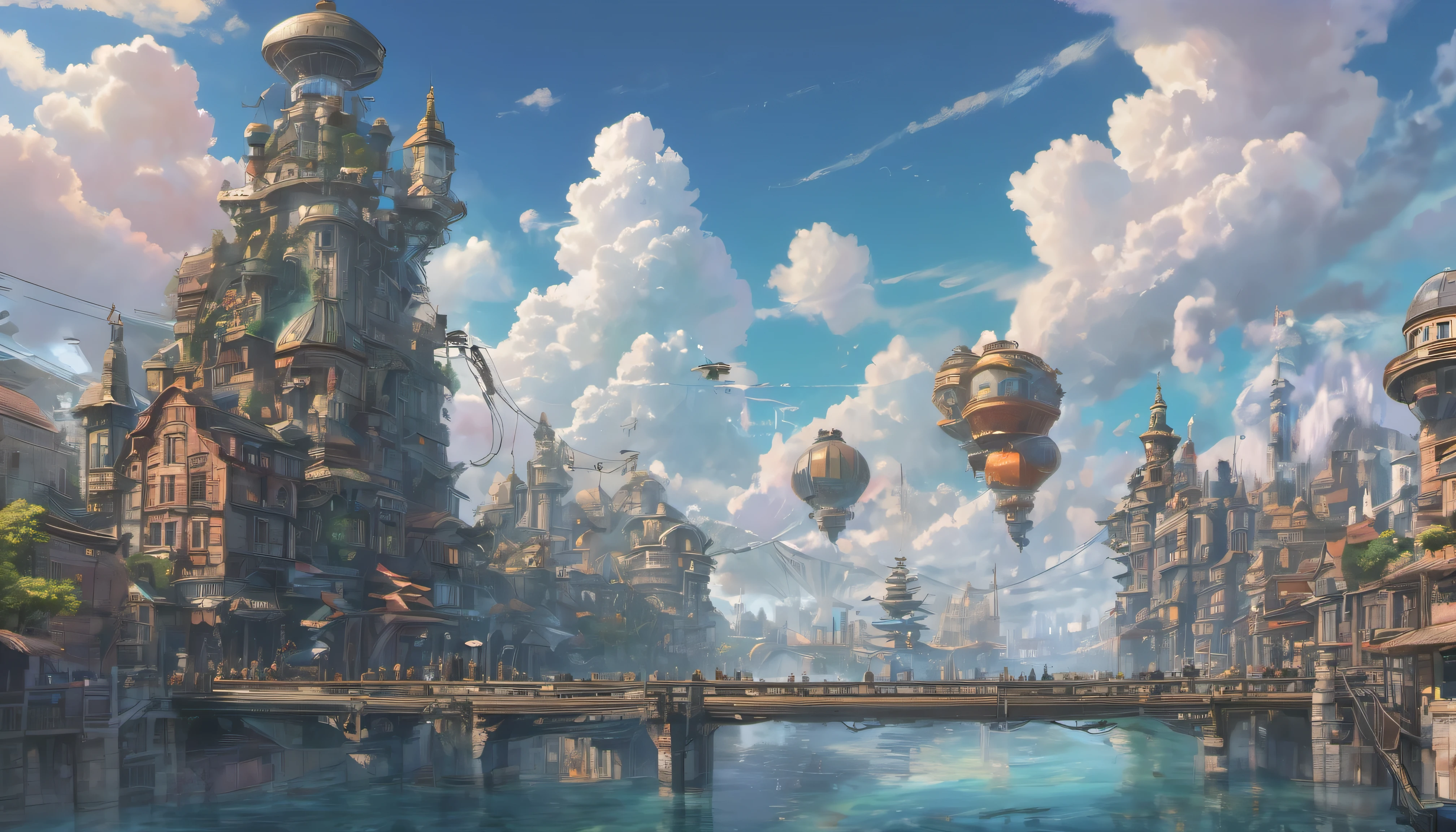 (masterpiece), ((best quality)), extremely delicate and beautiful, illustration, (fantasy landscape), Super details, high detail, 8K, Miyazaki style, A steampunk-style city floating in the sky, Clouds and diverse architecture, Exuding mystery and technology--v 6