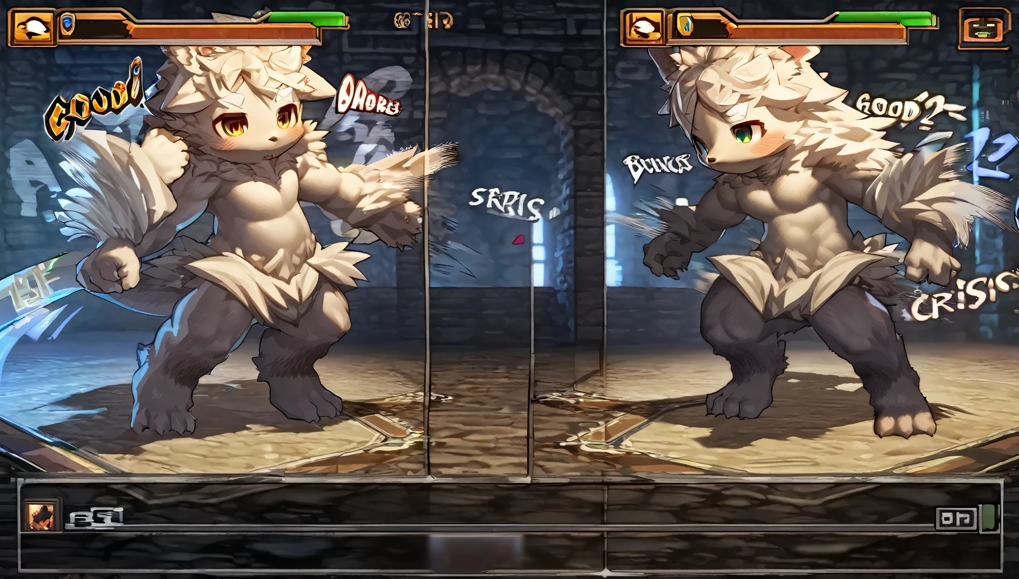 highres, absurdres(highly detailed beautiful face and eyes)perfect anatomy(kemono, furry anthro)(super handsome 2boys, pair)good lighting, cinematic shadow, detailed background, User Interface of Fighting game, dungeon, Crisis, assorted poses, assorted expression, full body, sound effects, motion blur, from side,