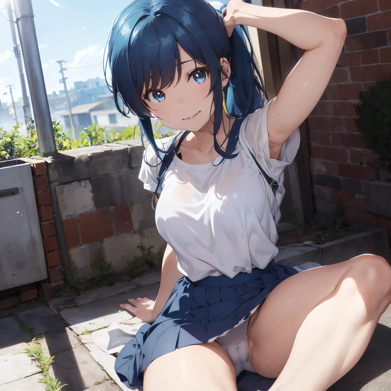 a matter of fact, daytime, sunlight, 1 woman, 8K resolution, ponytail, blue hair,  blue eyes, glowing eyes, white short skirt, Blush, track field, sunlight, Strapless shirt, Wet from the rain, seethrough, Sit with your knees raised, Spread your legs, M leg, , sweet smile, the skirt is blowed up, highest quality, High resolution, highly detailed face, perfect lighting, Very detailed CG, (perfect hands, perfect ), minami nanami, perfect figure, armpit