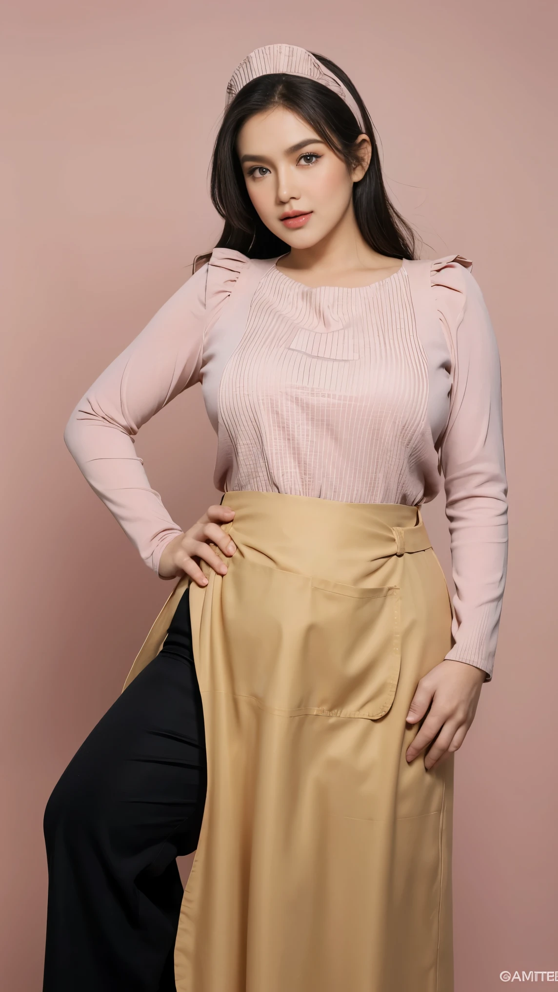 Vogue style side view photo shoot of 1 malay 20years old young woman wear  (( kitchen apron)) with pastel colours background in Wes Anderson style, ((cleavages)),detail skin texture, detailed face, saggy breast, dark , camel toe, heavy big breast, big round ass, wide hips, thick thighs, beer belly, curvy, view from side, hyper - realistic photography, Wes Anderson style, full body, 8k, close - up shot, extreme close - up photo, ((looking at viewer)),  shiny wavy black hair