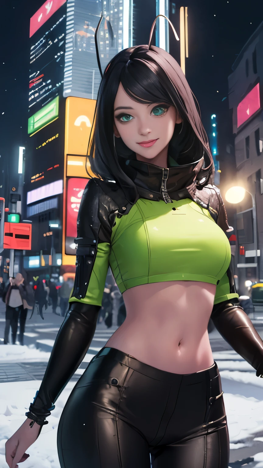 (Highly quality, masterpiece, detailed), science fiction city detailed scenario, night snowing city detailed background, 20 years old girl, solo, mantisg, black hair, green eyes, antennae, looking at viewer, black and green leather crop top, sleeve, smile, navel, perfect face, beautiful eyes, looking at the viewer, Sexy pose