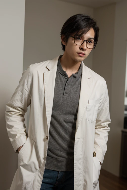 photography of an asian man model with glasses nerd looks, doctor white coat, messy hair, skinny, tall
