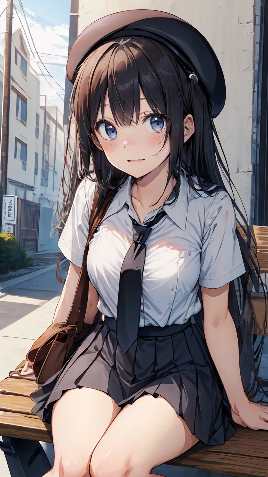 (masterpiece, best_quality), extremely_detailed_CG unity 8k wallpaper, super fine illustration, (anime_style), Woman posing for a photo, A shy smile, Happy, Long Hair, Straight hair, Fine skin, Beautiful Hands, Beautiful fingers, Wearing a beret, tie, Short sleeve blouse, Pleated skirt, Thighs, Absolute area, Knee socks, Daytime, Hot summer day, School, Schoolyard, Sitting on a bench, Canned juiceを持っている, Natural light, Detailed face:1.2, Sharp focus, Hasselblad Photos, masterpiece, light makeup, Cinematic lighting, 4k, highest quality, sharpness, Anime Style, whole body, Canned juice, 