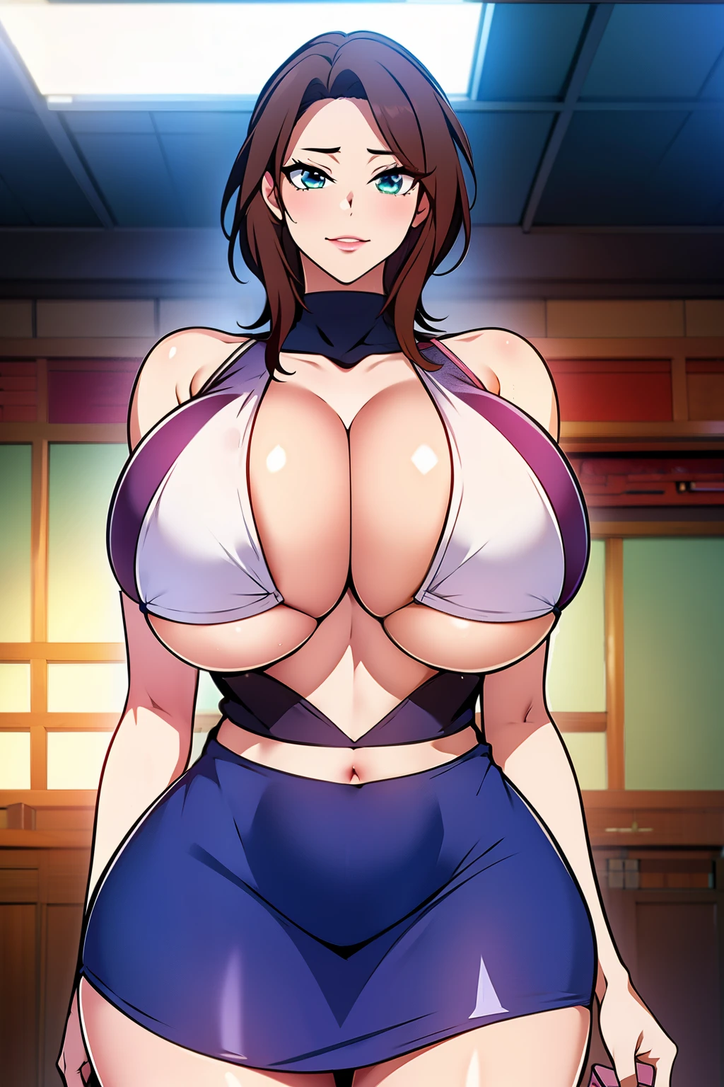 An anime-style artwork depicting ruan mei from the game Honkai star rail.
Tags: ruan mei, anime, detailed eyes, detailed lips, crop top, turtleneck, pencil skirt, miniskirt, smiling expression, intense gaze, glowing emblem on hand, dynamic pose, indoor, palace, vibrant colors, digital art, high-resolution, professional quality, gigantic breasts, (underboob : 1.4), curvy, cowboy shot, (gigantic breasts: 1.4), (green eyes:1.1), (light brown hair)
