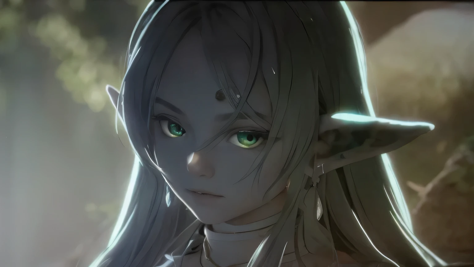 long hair and green eyes staring at something, Elf, With big, bright, sad eyes, The truth of the matter, Soft lighting, black, central close-up shot, girls, Her expression is solemn, Character Art Close-Up, close up of a young girl, (photorealistic), Green eyes, Fox-eyed girl, Glaring Face, raise an eyebrow, Cool girl, Monochrome, black, green, back ground in black, faded color, From the side, Elf