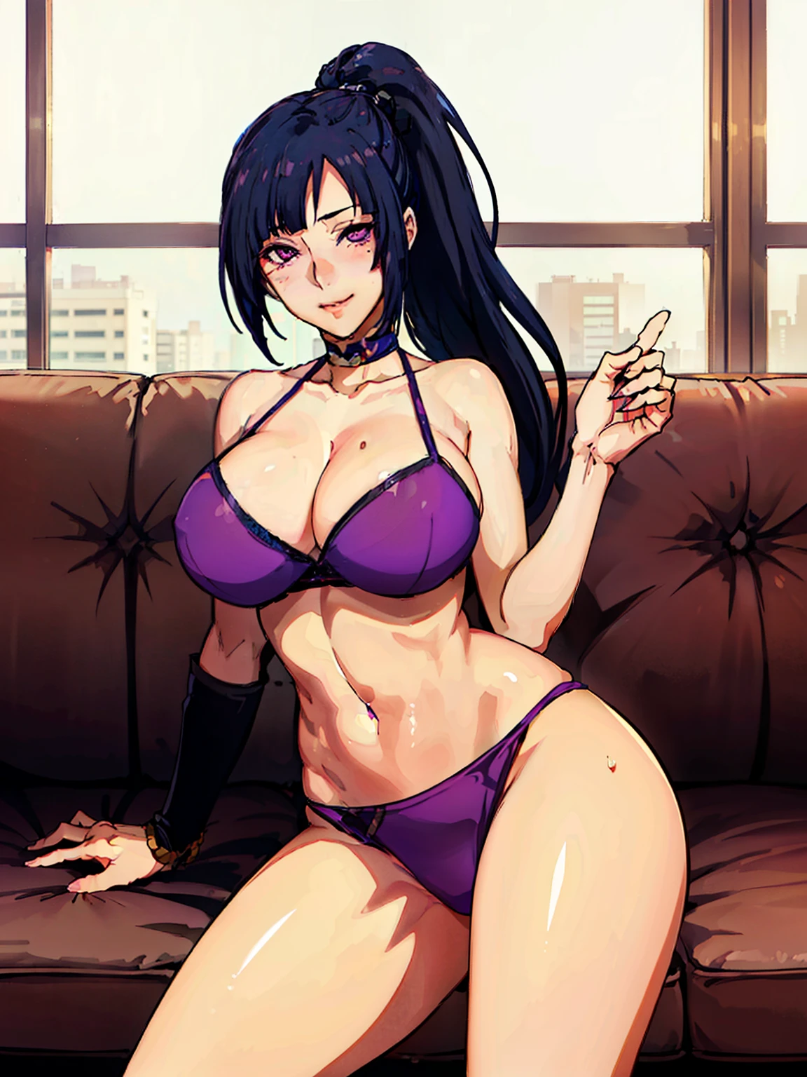 (sitting on luxury sofa), spread her legs, light blue bikini, (luxury livingroom background), window, night city view, Litchi Faye-Ling, mature woman, anime cels style, best quality, high resolution, 1girl, (huge breasts:1.2), beautiful face, Beautiful Finger, Beautiful long legs, Beautiful body, Beautiful Nose,Beautiful character design, black hair, very long hair, ponytail,Bangs,purple eyes, (cowboy shot), smiling, happy face, blushing, looking at viewer