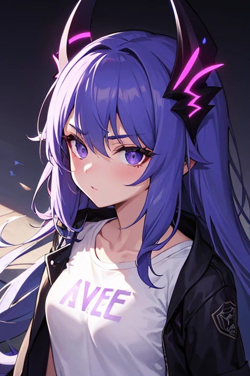 Fille seul, cheveux longs et noirs, purple neon horns on the head, yeux violets fins, Tee-shirt noir, veste noir par dessus le tee shirt, pentalon noir, vue en portrait, poitrine forte.