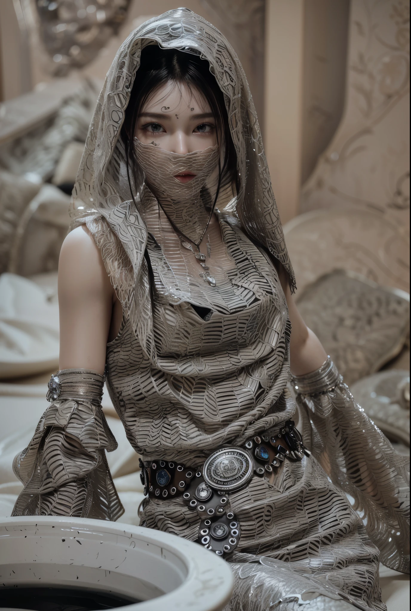 Game Art，Cg animation，Best image quality，Maximum resolution，8k，(A half-length photo)，(portrait)，(Head close-up)，(Rule of Thirds)，Unreal Engine 5 rendering works，20 year old girl，((Queen))，The eyes are very detailed，(Large Breasts)，Elegance and nobility，Movie Lighting，Ray Tracing，Game CG，((3D Unreal Engine))，OC rendering reflection pattern，4K，Ultra-clear，Translucent lace，Fair and plump figure，Pretty Face，Glossy Gel Coat，身着华贵礼服的Queen，Necklace jewelry，intricate tattoo designs，The tattoo is very delicate，Tattoos on face，Wear a veil