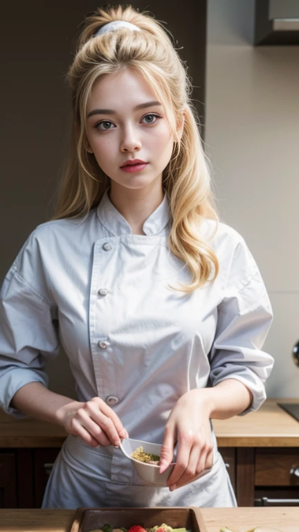 ((best quality, 8K, masterpiece:1.4)), (20-year-old woman), ((very Small face:1.3)), Highly detailed face and skin textures, Delicate eyes, (Italian woman), (Long blonde wavy hair:1.3), beautiful bridge, Demon body, thigh, very big breast, (Practical:1.37), (巨Large target, saggy breast), A scene from a movie, Beautiful portrait of a woman preparing food in the kitchen, Ponytail, short Ponytail, front Ponytail, Sticking out tongue, Shy, Surrealism, High Detail, Movie Lighting, social media composition, Cowboy shooting, Fujifilm, UHD, Retina, masterpiece, precise, anatomically correct, textured skin, Super Detail, High Details, high quality, The award-winning, best quality, high resolution, 1080p, HD, 8k, 16K, Large target_breast, Droop_breast, Small face, Female in her 20s, Wearing chef uniform, Comfortable clothing for cooking,