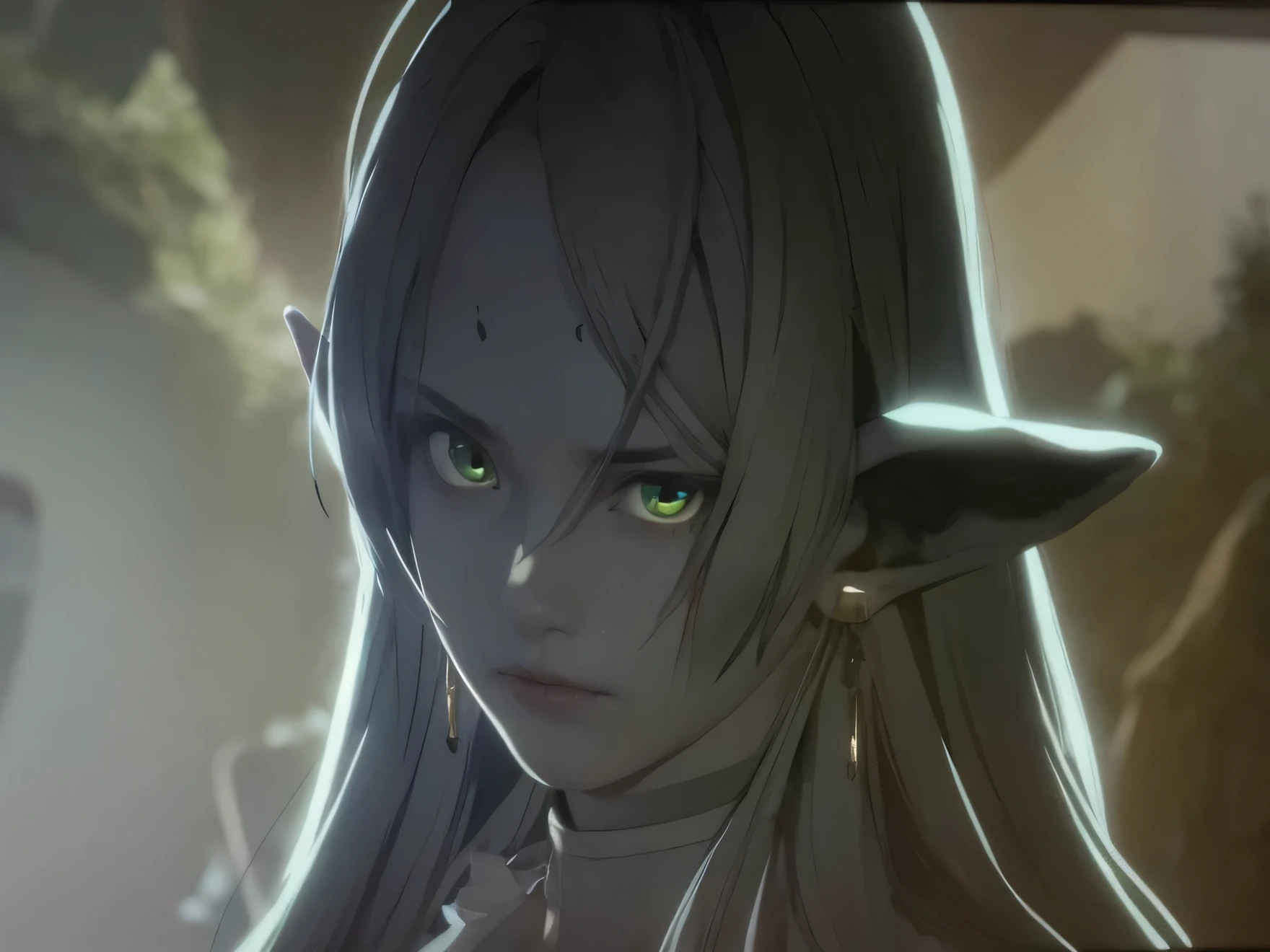 Green eyes, Fox-eyed girl, Narrow eyes, Glaring Face, raise an eyebrow, Cool girl, Monochrome, black, green, back ground in black, faded color, From the side, Elf