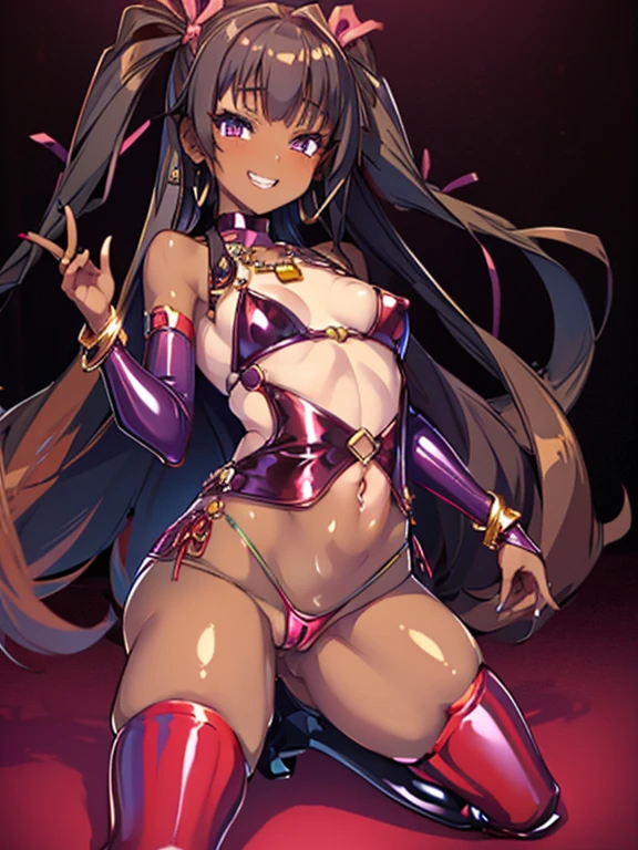 ((highest quality)), ((masterpiece)), (detailed), 
Five Fingers, Perfect Face, Beautiful fine details, Beautiful body, Beautiful breasts, Beautiful thighs, ((Small breasts))、Beautiful feet, (Brown Skin), 12 year old girl、One Girl, 
(Red High Heels),  (Two Sides Up with Red Ribbon), ((Purple Bodycon, latex, Fits perfectly against the skin)), (Shiny knee-high stockings, Lace skimpy thong panties), belly button、belly buttonピアス、
Wicked Smile、((Grin))、She turns her face and body towards the viewer，She has a pretty face and a charming smile，Wearing earrings and a necklace，The accessories are gold、Are standing、The whole body is visible
