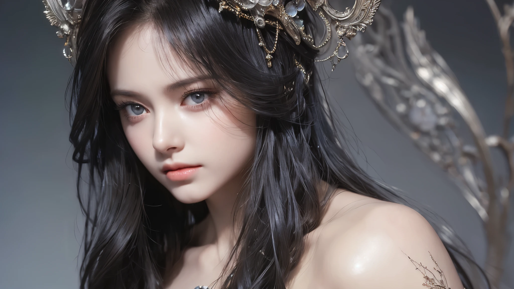 A stunning masterpiece by Luis Royo, featuring a top-quality and realistic portrayal of a beautiful girl with shiny, natural skin texture. This surreal portrait captures the essence of youth and beauty, with intricate details on the girl's two arms and two legs.
