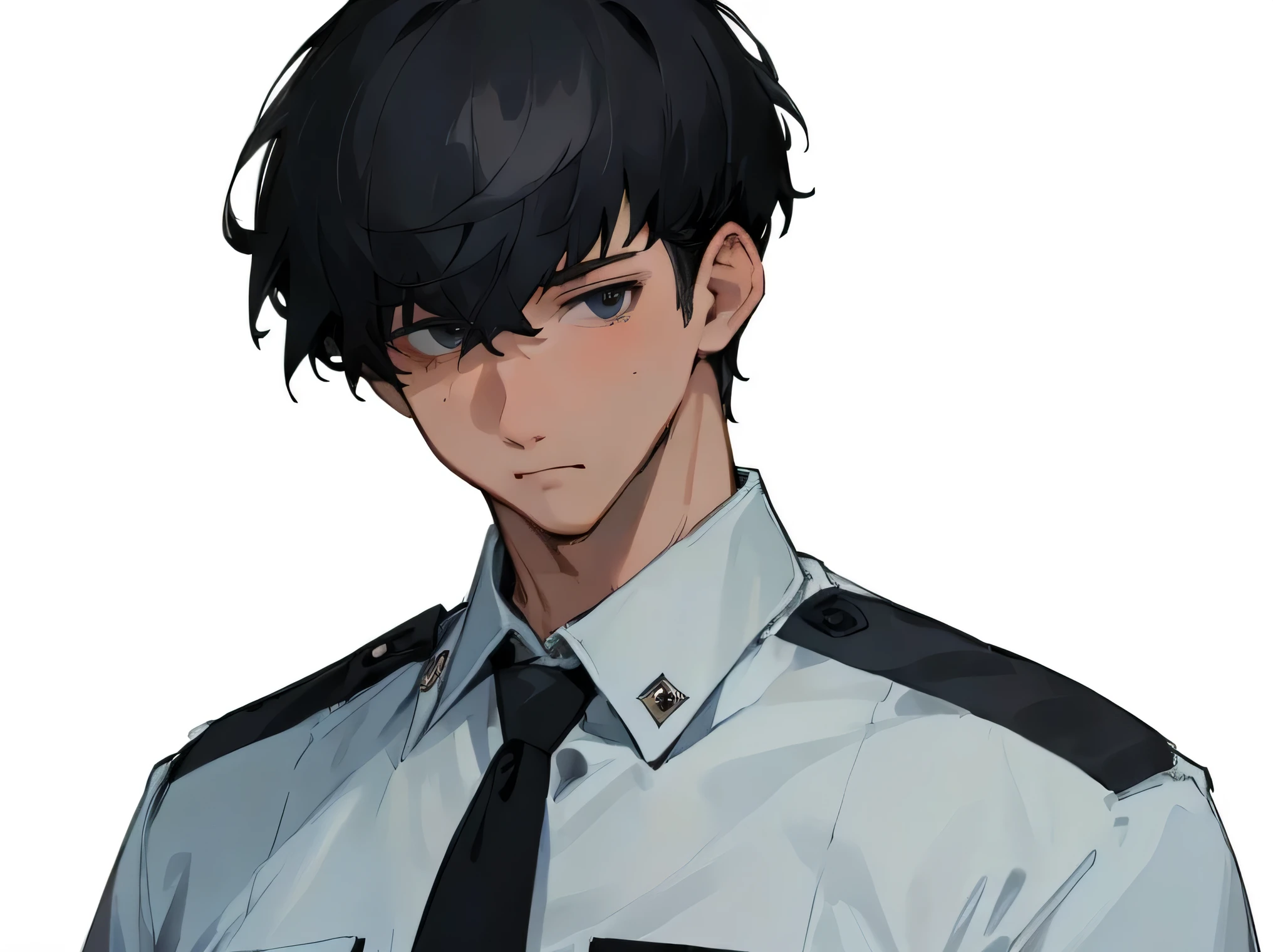 [(white background:1.5),::5], ((((masterpiece)))), high quality, ultra high resolution, full color, (((alone))), ((adult male)), ((police uniform)), ((Short hair)), black eye, upper body, character in the center, 