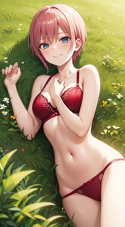 2d, masterpiece, best quality, anime, highly detailed, 1girl, solo, cowboy shot, nakano ichika, pink hair, short hair, lying down on grass, smug smile, hands on chest, red lingerie:1.3, medium breasts, medium claverage:1,3,