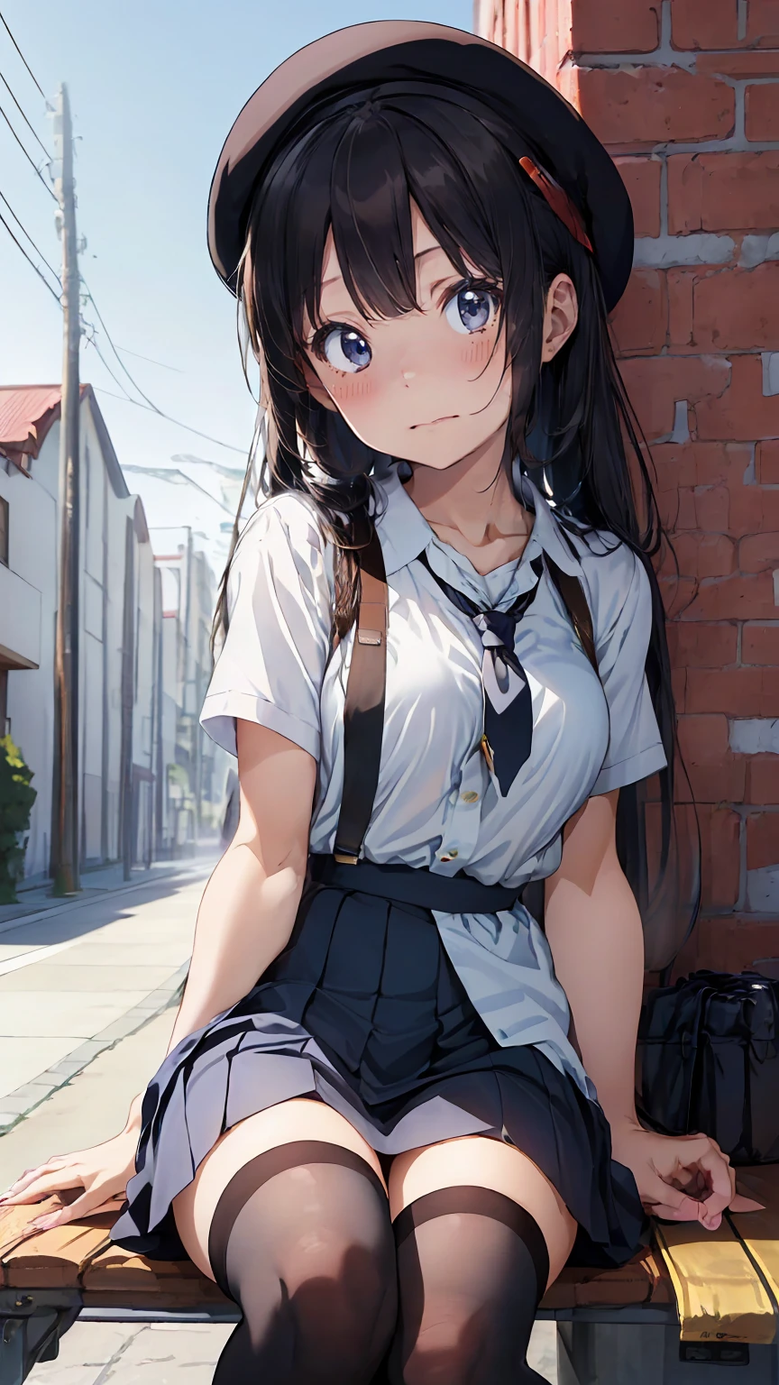 (masterpiece, best_quality), extremely_detailed_CG unity 8k wallpaper, super fine illustration, (anime_style), Woman posing for a photo, A shy smile, Happy, Long Hair, Straight hair, Fine skin, Beautiful Hands, Beautiful fingers, Wearing a beret, tie, Short sleeve blouse, Pleated skirt, Thighs, Absolute area, Knee socks, Daytime, Hot summer day, School, Schoolyard, Sitting on a bench, Canned juiceを持っている, Natural light, Detailed face:1.2, Sharp focus, Hasselblad Photos, masterpiece, light makeup, Cinematic lighting, 4k, highest quality, sharpness, Anime Style, whole body, Canned juice, 