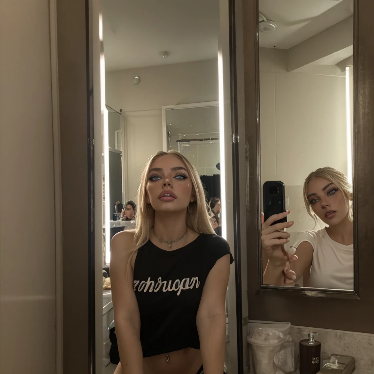 Blonde Caucasian Girl,Heavy makeup,Wear a tight T-shirt,Sweating profusely,Watery eyes,Putting on makeup in front of the bathroom mirror,full body,In front of the mirror in the club bathroom,Applying lips to lips